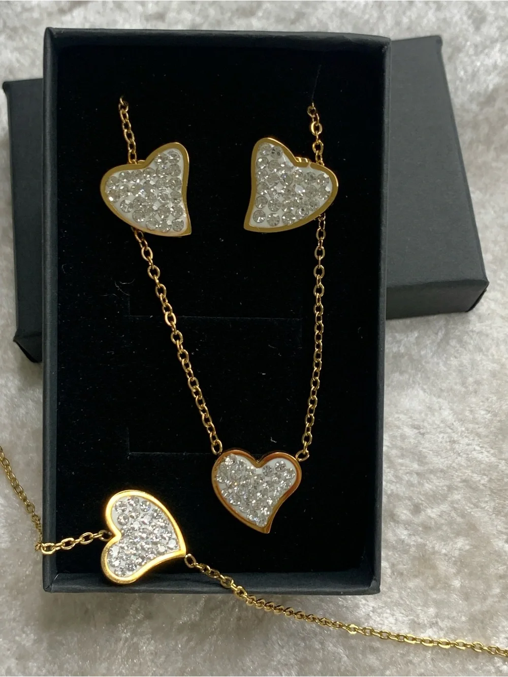 NWOT 18KGold layered/bonded CZ Heart l necklace/bracelet & earring set